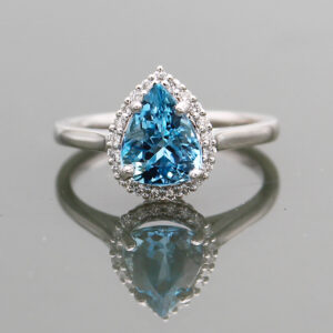 Aqua 1.56ct Pear and Diamond Halo "Hyper Blue" 14K WG Ring FIN029