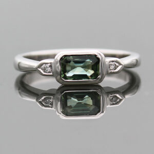 Teal Sapphire and Diamond .54ct Emerald Cut and .02ctw Round 14K WG Ring FIN004