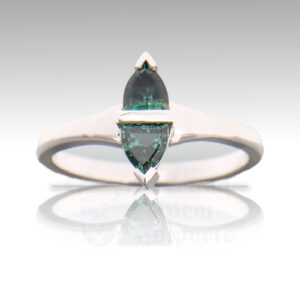 Teal Sapphire .72ctw Shield 4.5x4 14K WG Ring FIN001