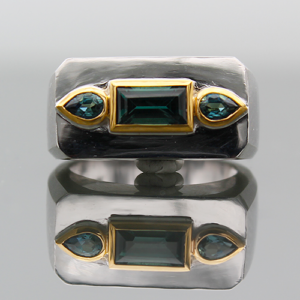 Teal Sapphire 0.97ct Baguette and .37ctw Pear 14K W&YG Ring FIN031