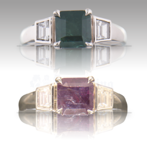 Alexandrite 2.13ct Emerald Cut (.38ctw Trap Diamond) 18K WG Ring FIN073